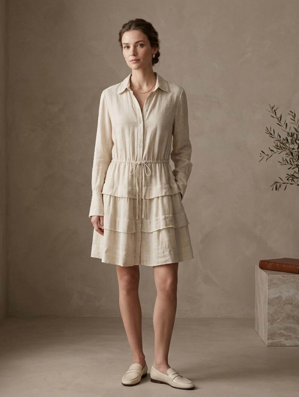 ​100% Capri Linen Tiered Shirt Dress Herringbone Quiet Luxury, Resortwear